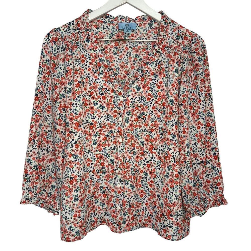 CeCe Floral Ruffle Blouse size Medium 3/4 Sleeve V-Neck Cottagecore Feminine Top